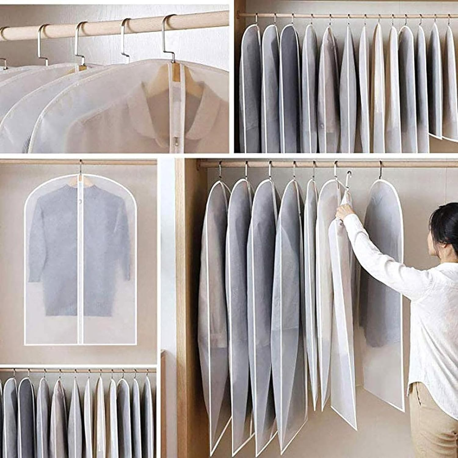 Pack of 6 Garment Bag Clear Dust Bags Cover Moth Proof Zippered Breathable for Clothes Storage Suits Dress Dance