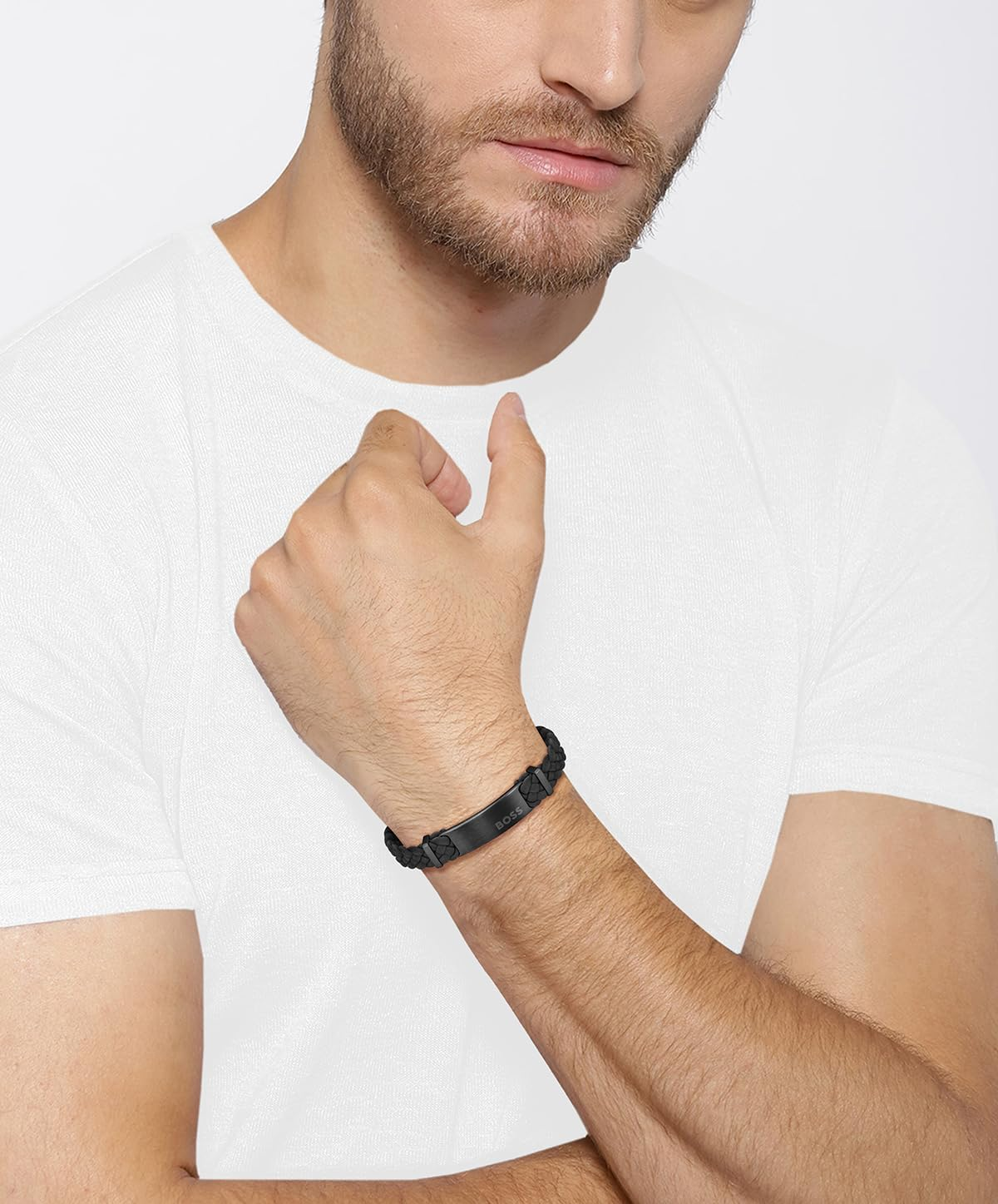 Hugo Boss Men'S 1580608M Black Steel & Leather Bracelet, Black, One Size