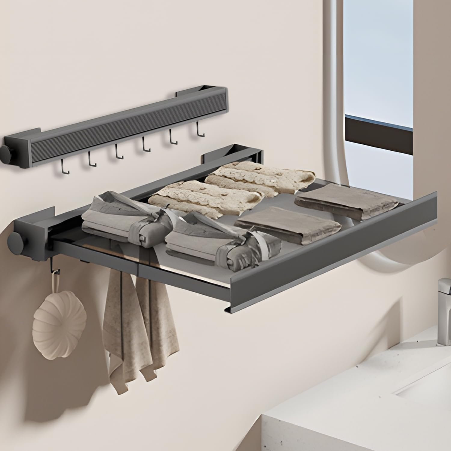 Uandhome Foldable Clothes Drying Rack,Wall Mounted Mesh Clothes Hanger Rack,Sweater Drying Rack with 6 Hooks,Laundry Drying Rack for Bathroom,Balcony,Wash Basins(Black 49Cm) image number 1