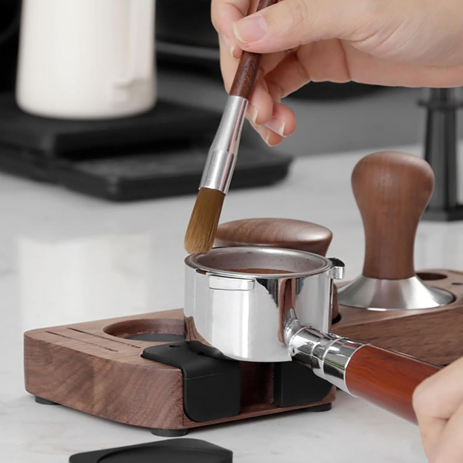 Joyeee Wooden Espresso Tamping Station, Portafilter Tamping Stand Espresso Coffee Organizer Box Fit for Storage 51, 53, 58MM Espresso Tamper Mat Portafilter Holder, (Accessories Not Included) image number 1