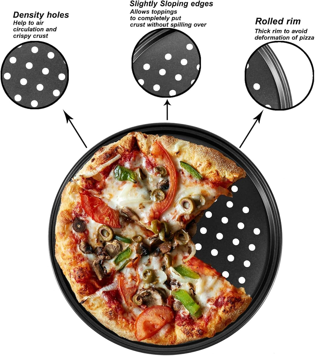3-Piece round Baking Steel Pizza Pan Set with Holes, Nonstick Crisper Pizza Trays for Oven, 3 Sizes Bakeware Set for Home Kitchen（24Cm，28Cm，32Cm）