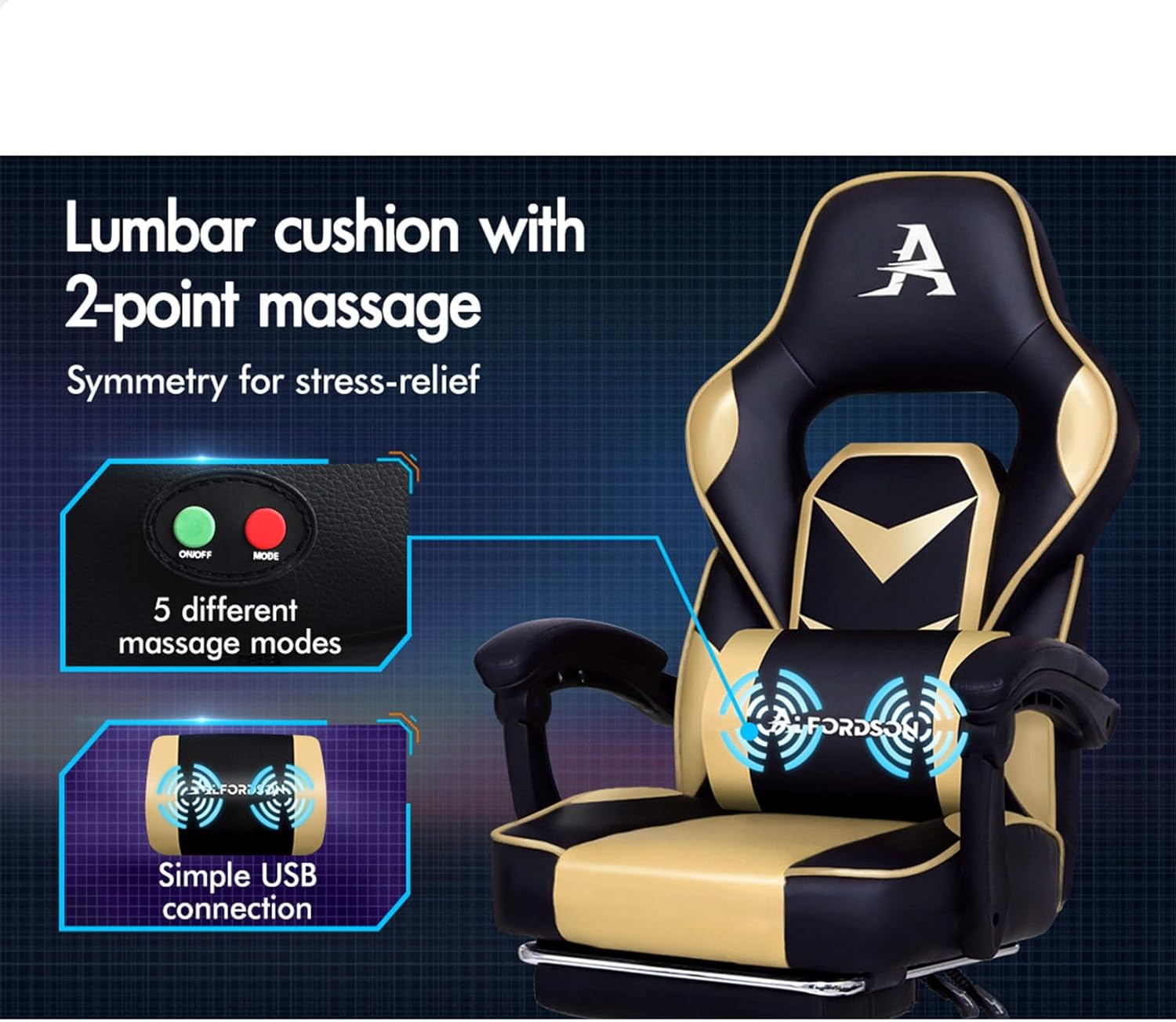 ALFORDSON Gordon Gold Video Gaming Chair with 2-Point Massage, Armrest Headrest, PU Leather Racing Sport Chair with Footrest, High Back Home Executive Office Study Seater - Blue image number 3