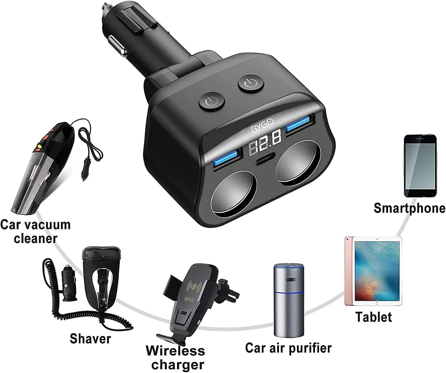 Car Cigarette Lighter Adapter, 12V/24V 2-Socket Power Cigarette Lighter Splitter with Dual USB Ports Multifunction Car Charger Adapter Independent On/Off Switches and LED Voltage Display(Black) image number 4