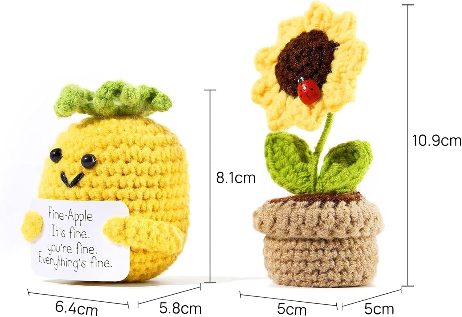 2PCS Handmade Crochet Yarn Decor &ndash; Funny Sunflower & Pineapple Desk Accessories, Emotional Support Gifts for Women, Friends, Office &ndash; Fiber Art Knitted Ornaments, Not Toys