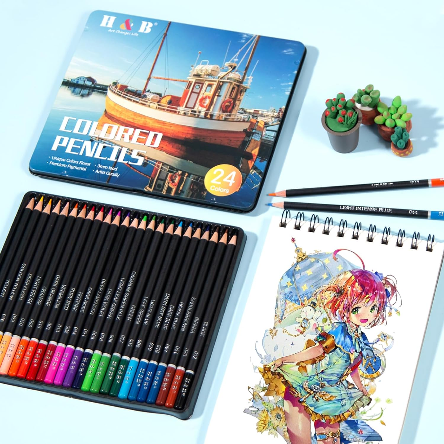 Colouring Pencils Set 24 Colors Oil Based Professional Art Supplies in Metal Tin Box Includes Sketchbook Perfect for Students Artists Art Beginners Ideal Christmas New Year image number 1