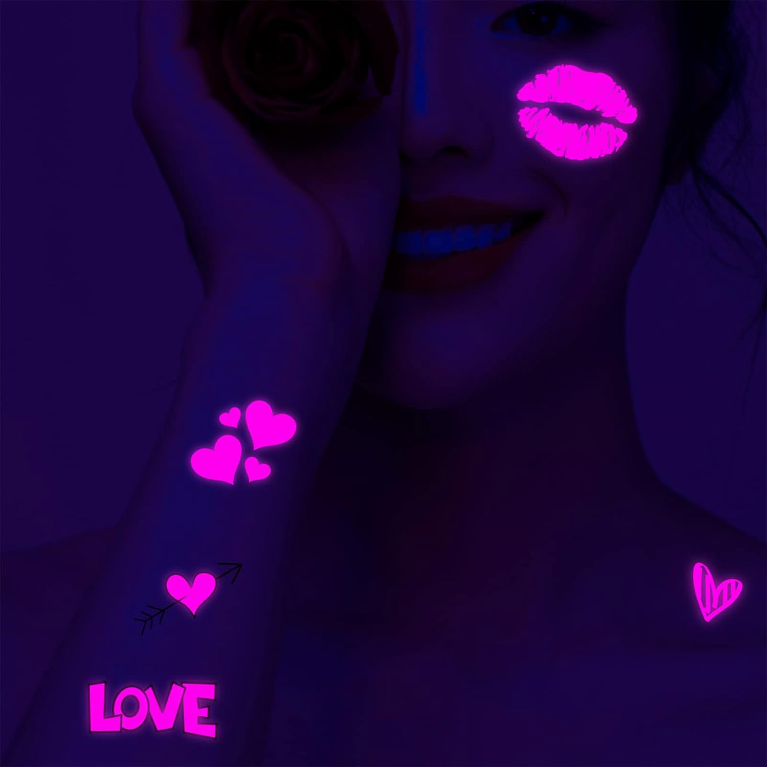 Maripabon UV Neon Temporary Tattoos 170 Pieces Pink Heart Shaped Shimmer Designs Love Glow in the Dark Tattoos Stickers Flash Fake Waterproof Tattoos for Women Men Body Face Art image number 3