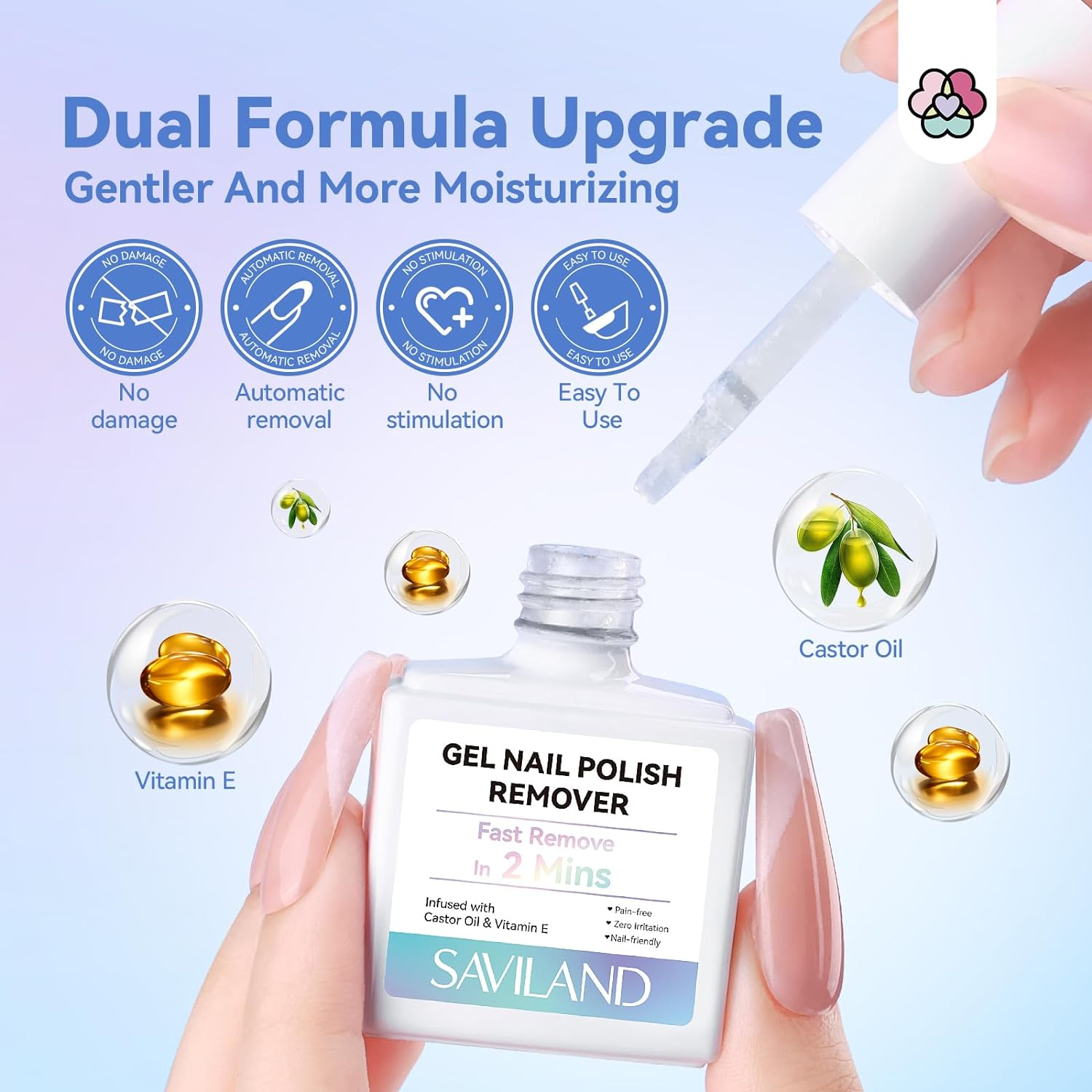 Saviland 2 Minutes Quick & Easy Gel Nail Polish Remover Kit: 2PCS Soak-Off Gel Polish Remover Rich in Castor Oil & Vitamin E, with Cuticle Oil Pen Nails Tools for Nail Tips, Acrylic Dip Powder Removal