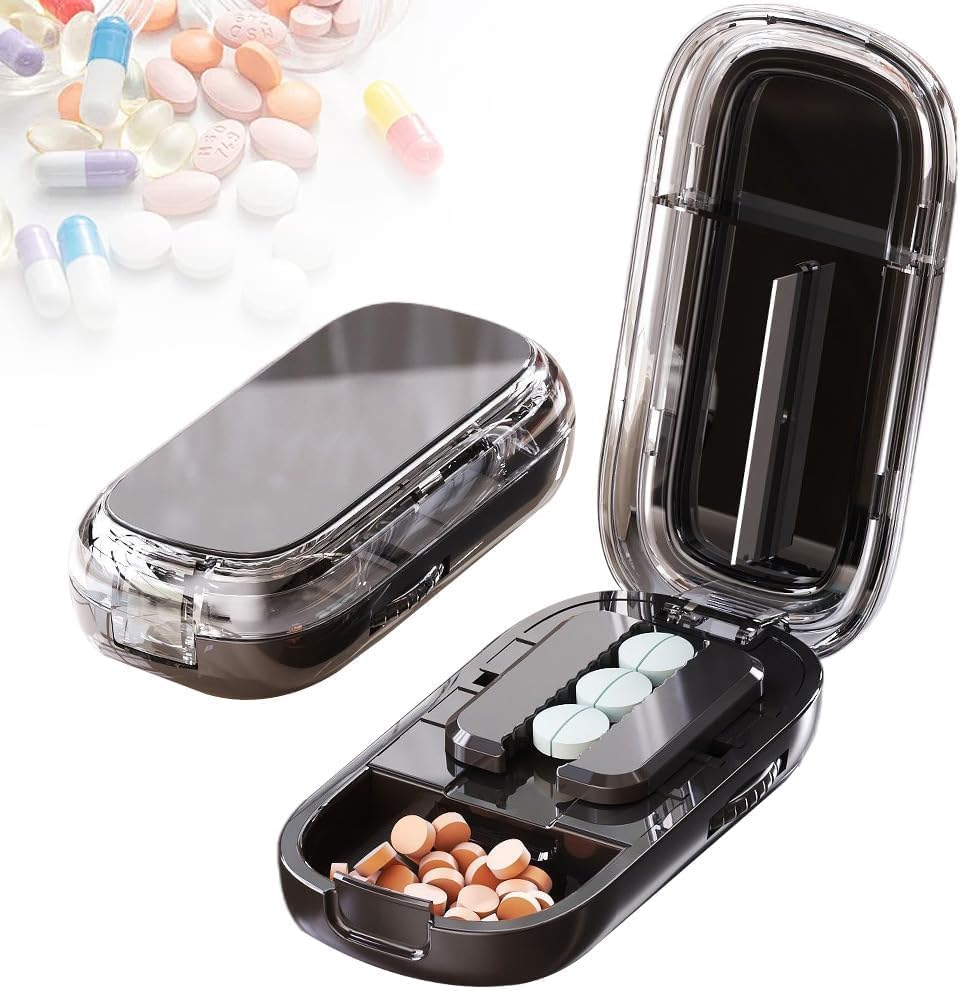 2025 Upgraded Portable Pill Cutter, Pill Splitter for Large Small Tiny Pills, 2 in 1 Pills Cutter & Storage Organizer for Purse Pocket Home Travel (Black-1/2)