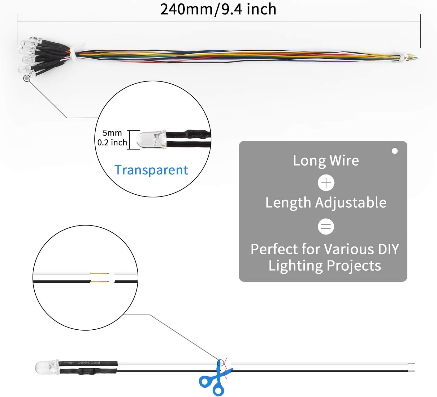 Dicuno 100Pcs(10 Colors X 10Pcs) 5Mm 12V Prewired LED Light Emitting Diode round Head LED Lamp Assorted Color Diodes Resistor Kit image number 3