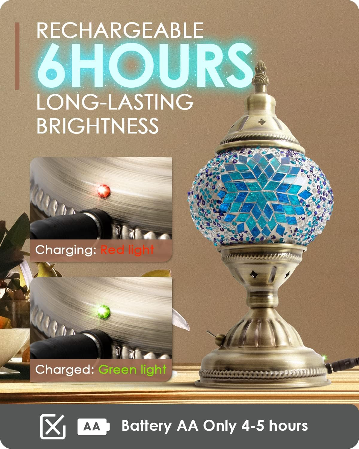 Yarra-Decor Turkish Moroccan Lamp with Bronze Base Handmade Tiffany Mosaic Glass Lamps Portable Bedside Rechargeable Battery 2000Mah (LED Bulb Included)(2) Blue2 image number 1