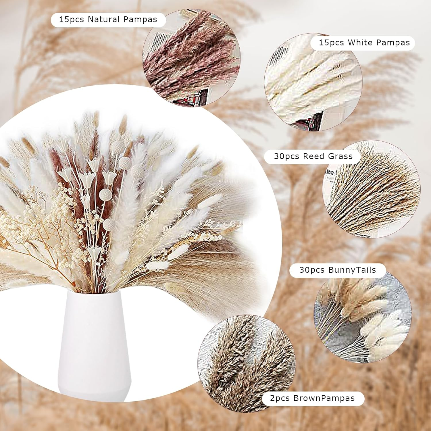 109 Pcs Pampas Grass Decor Boho Home Decor Dried Flowers, Beautiful Natural Dried Pampas Grass Bouquet for Office Decor, Wedding Decor, Farmhouse Decor, Festival Decor image number 2