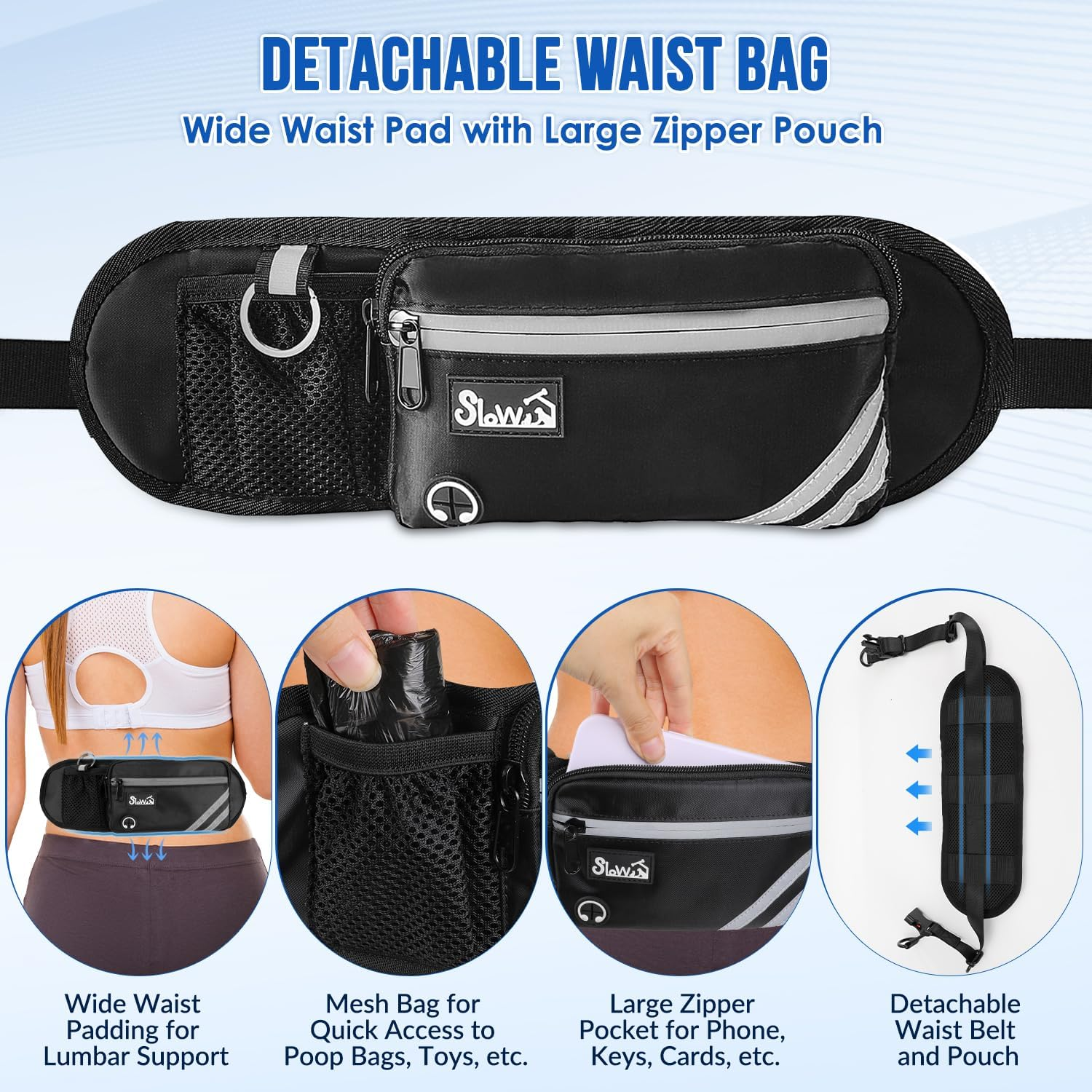 AUTOWT Retractable Hands Free Dog Leash with Pouch, Adjustable Waist Belt Fanny Pack, Reflective Stitching Leash for Running Walking Hiking Jogging Biking (Blue, L)