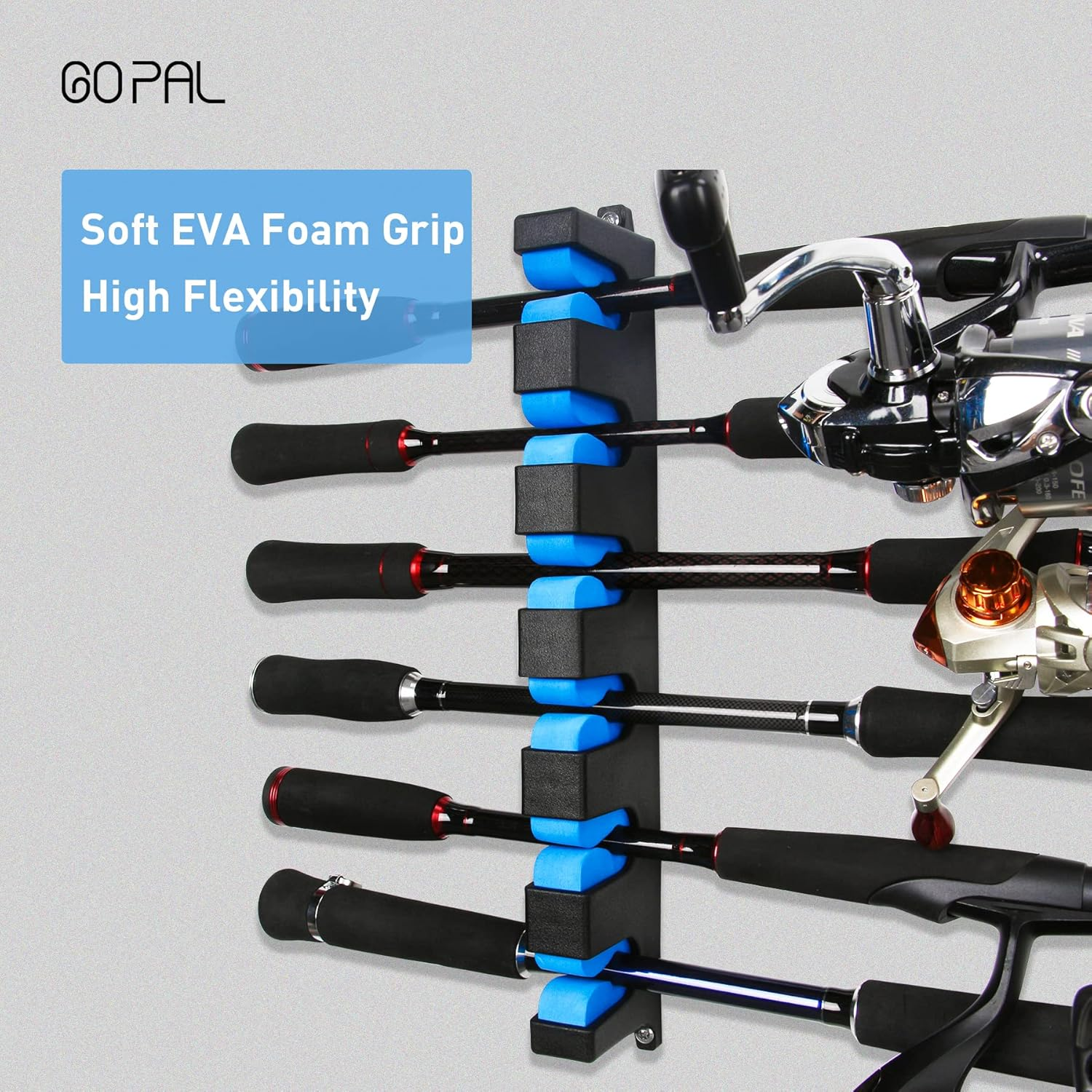 Go Pal RR1 Horizontal Fishing Rod Holder Store 6 Rods or Fishing Rod Combos Wall Mounted Fishing Rod Rack for Garage, Horizontal 6-Rod Rack image number 1