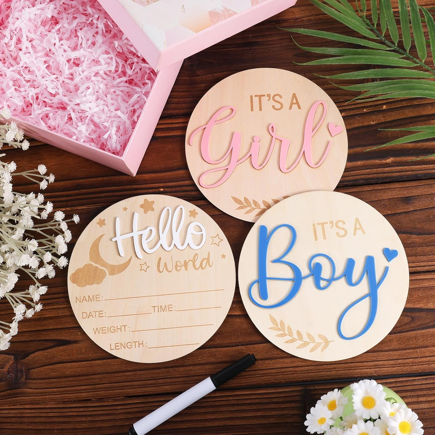 3Pcs Baby Announcement Sign, 5.83 Inch Gender Reveal Wooden Sign Acrylic Hello World Newborn Birth Baby Name Plaques It&rsquo;S a Boy It&rsquo;S a Girl Baby Arrival Sign for Hospital Baby Show image number 1