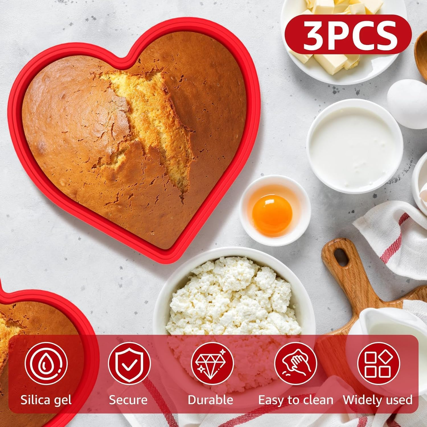 3Pcs Heart Shaped Cake Pans, 10 Inch Silicone Cake Molds, Cake Baking Tray, Reusable Cake Baking Pans, Nonstick Cheesecake Molds, Heat Resistant Cake Tins for Cake Cheesecake Chiffon Cake Muffin image number 5