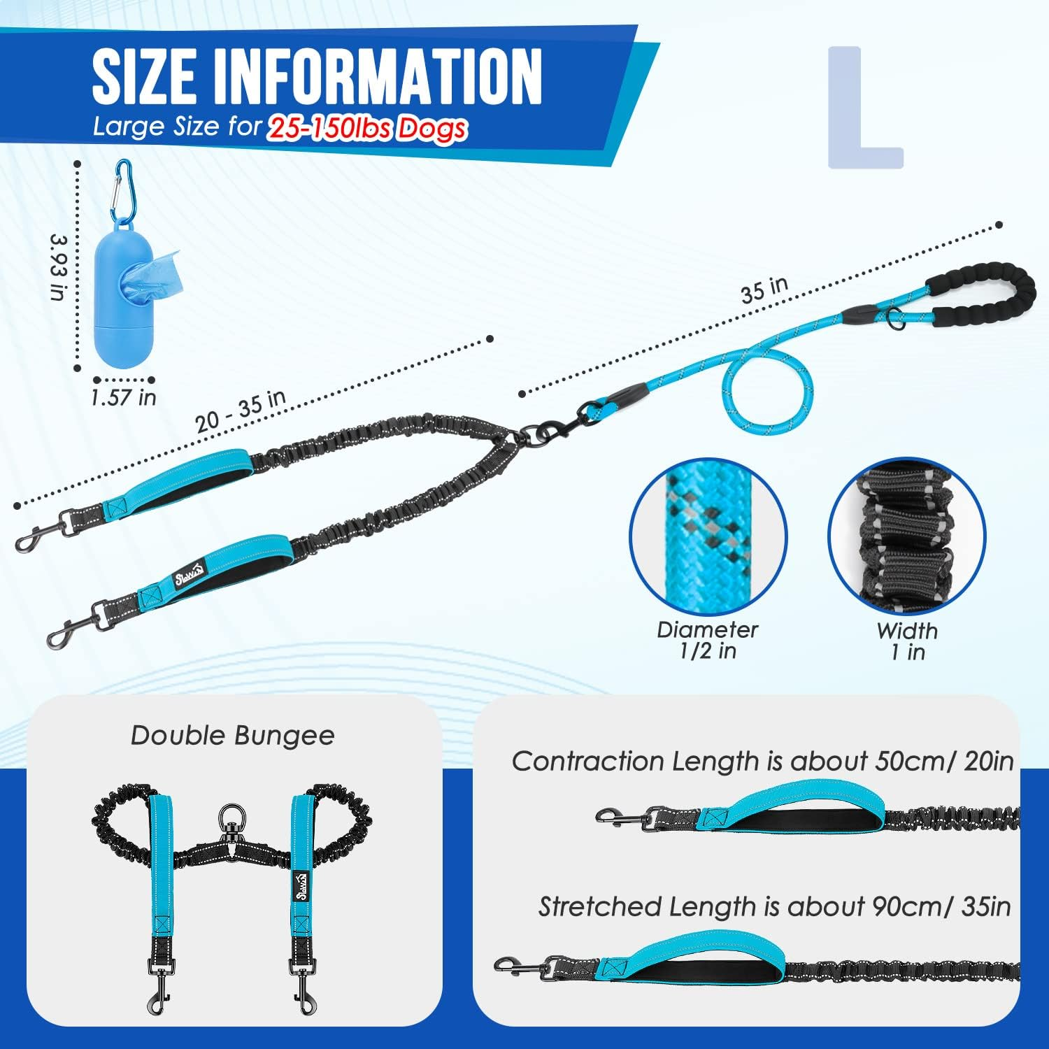 Slowton Double Dog Leash No Tangle - 360&deg; Swivel Heavy Duty Reflective Lead with Two Padded Handles Dual Dog Splitter, Comfortable Shock Absorbing Walking Training for 2 Large Dogs (25-150 Lbs) image number 4