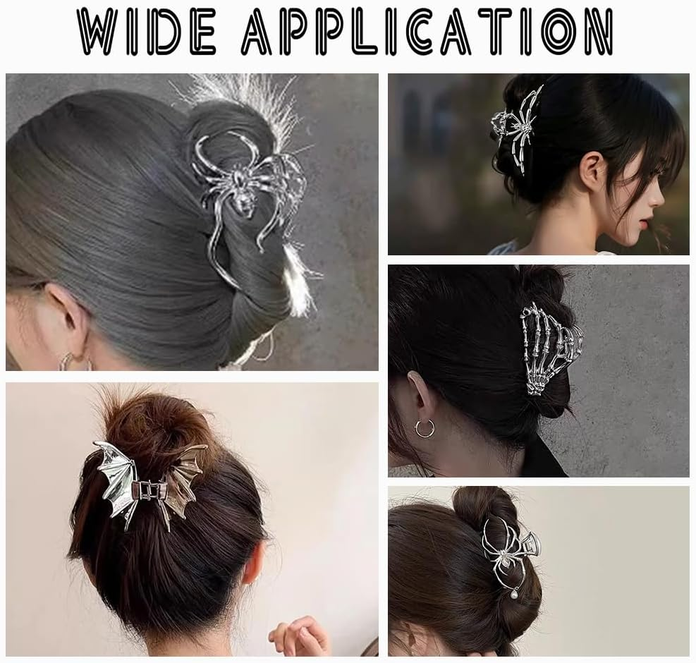 AHANDMAKER 6Pcs 6 Styles Hair Claw Clips, Metal Gothic Nonslip Bat Web Skeleton Spooky Barrettes Halloween Hair Accessories Clawclips for Thick Long Hair Styling Decorations image number 1