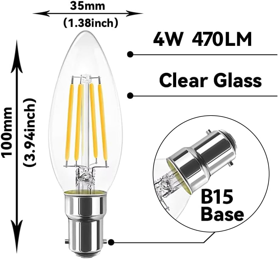 Geminilite 4W B15D Bayonet Candle LED Bulbs, Replacement for 40 Watt Candelabra Light Bulbs, SBC Small Bayonet Cap 2700K Warm White C35 470LM B15 Candle Not Dimmable Filament Chandelier 6 Pack image number 6