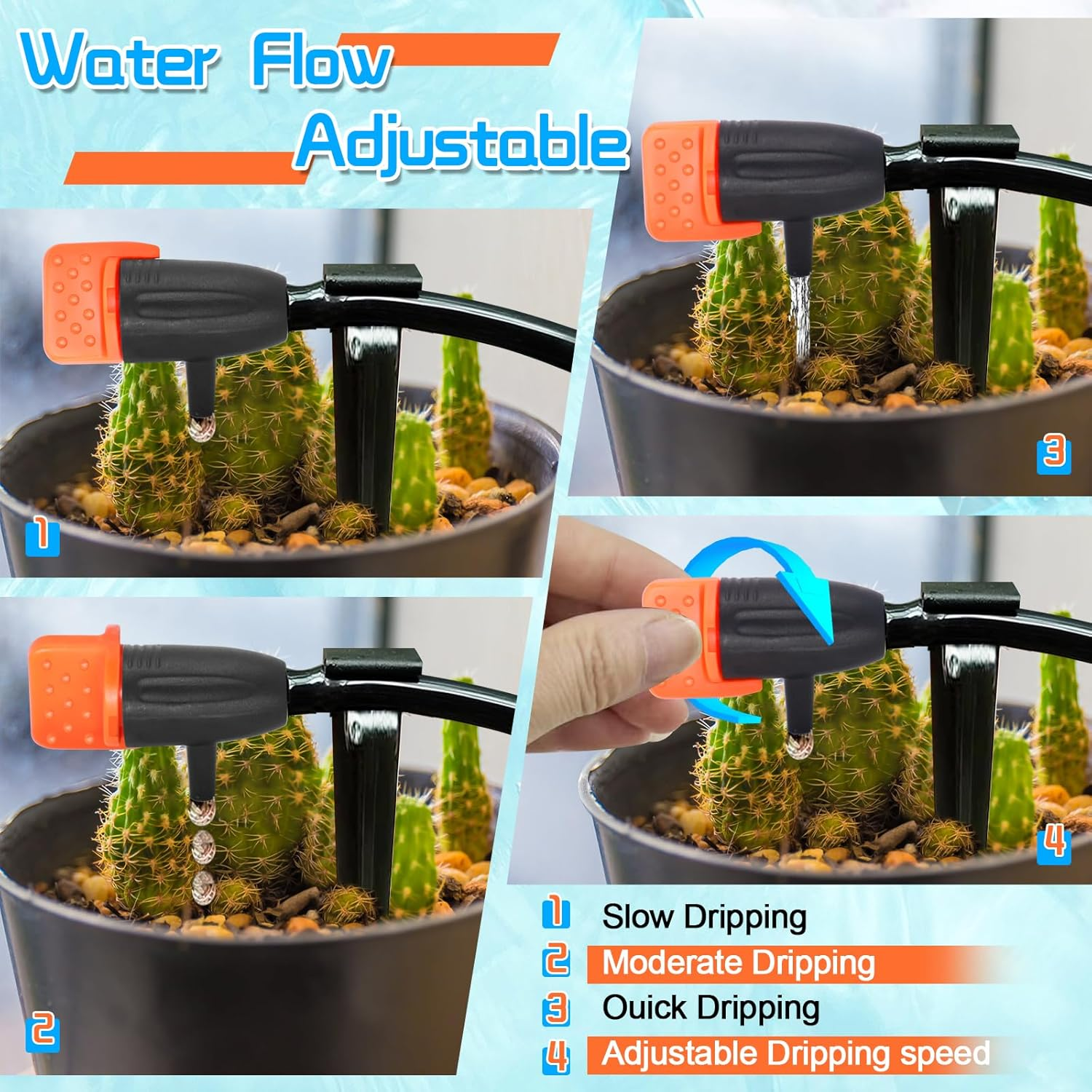 50 Pack Drip Emitters, Adjustable Water Flow Drippers for 1/4" Drip Irrigation Tubing, Garden Succulent Watering Dripper Sprinkler for (4-7Mm) Watering System (A) image number 4