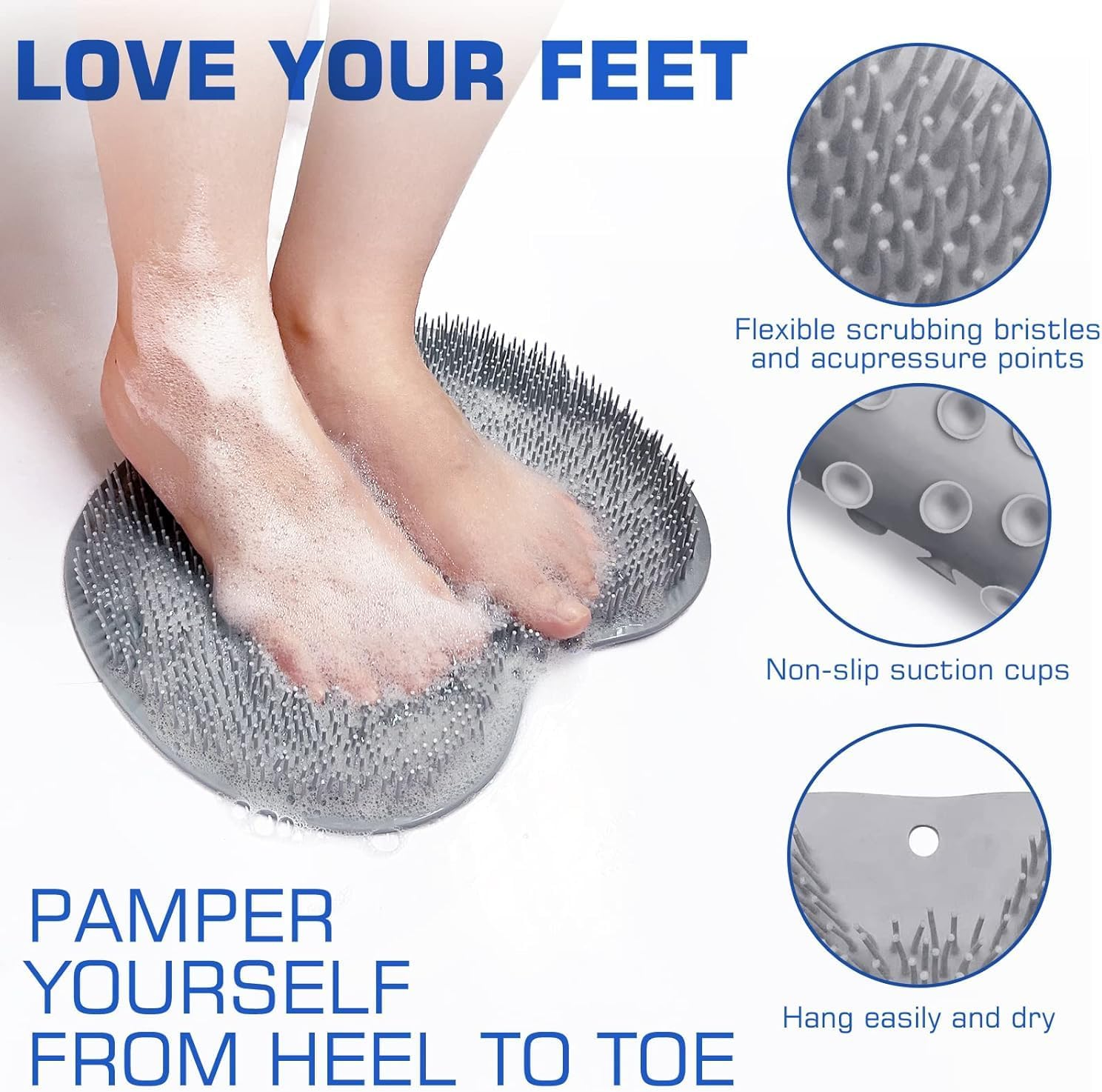 Mumoo Bear Shower Foot Scrubber Mat Back Washer Back Exfoliating Bath Wash Pad Wall Mounted Slip Suction Cups Scrubber for Use in Shower Cups Foot Cleaner for Men and Women (Grey) image number 2