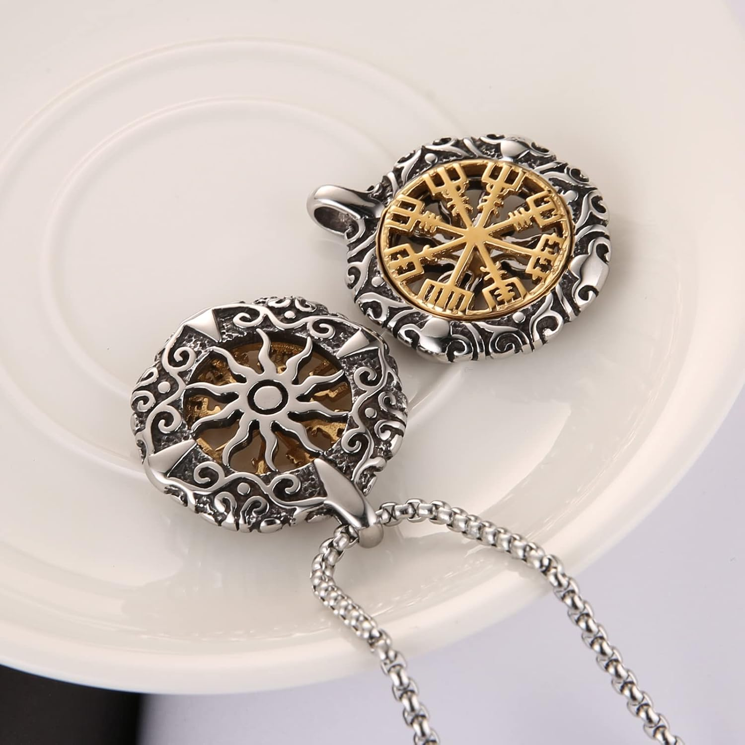 HZMAN Viking Vegvisir Norse Compass Stainless Steel Necklace Double-Sided Hollow Engraving Sun Totem Pendant Norse Amulet Jewelry - Silver Gold image number 2