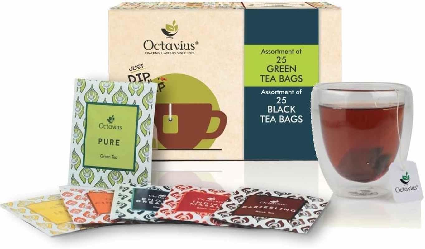 Octavius, Assorted Tea Sampler Gift Set (6 Flavors, 50 Tea Bags) | Black & Green Tea Sampler Pack | Tea Gift Set | Pack of 1 image number 6