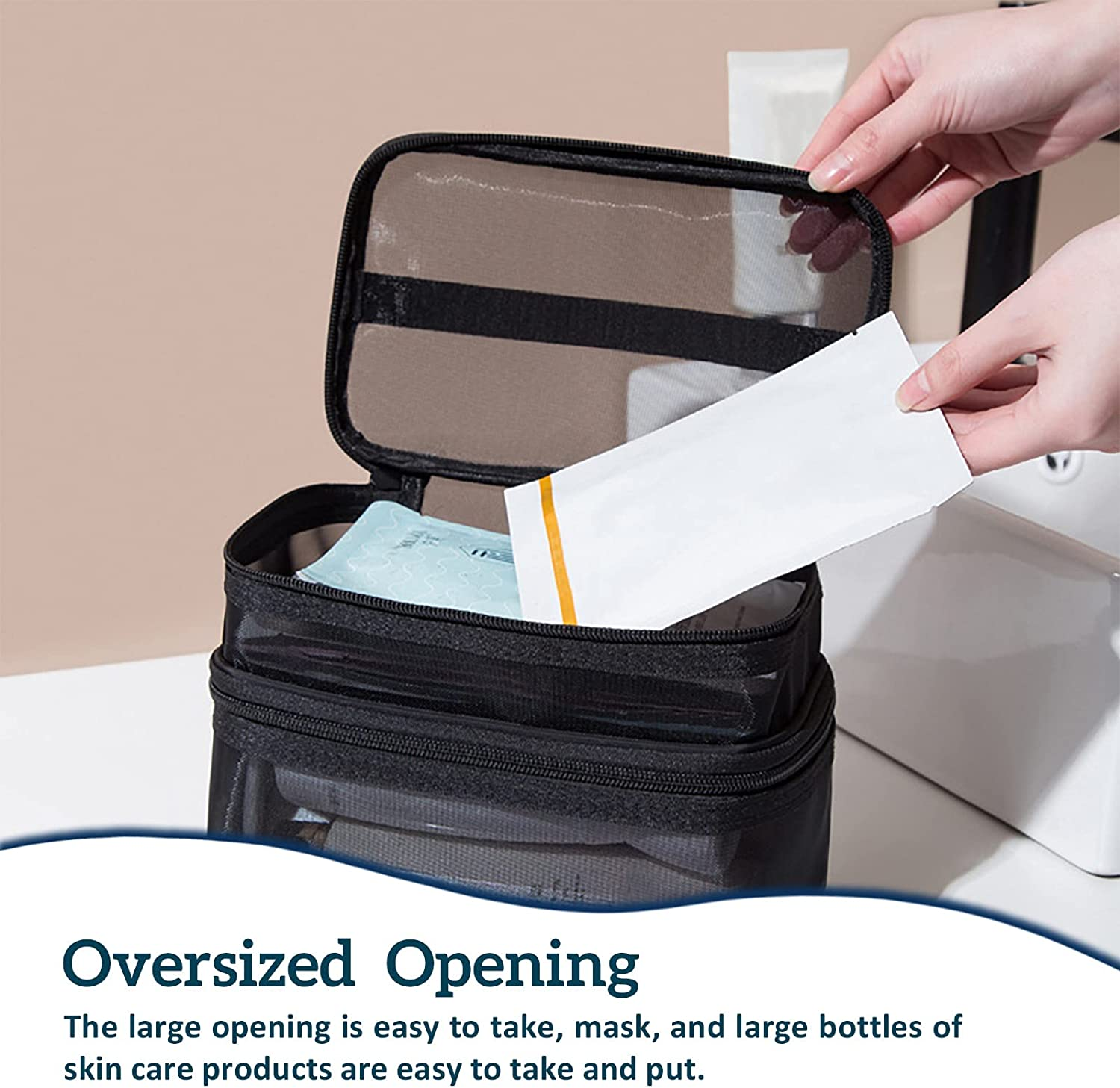 Double Layer Makeup Bag, Large Mesh Travel Cosmetic Pouch with Double Zipper, Vertical Make up Bag, Multifunctional Toiletry Bag for Makeup Brushes (Black)