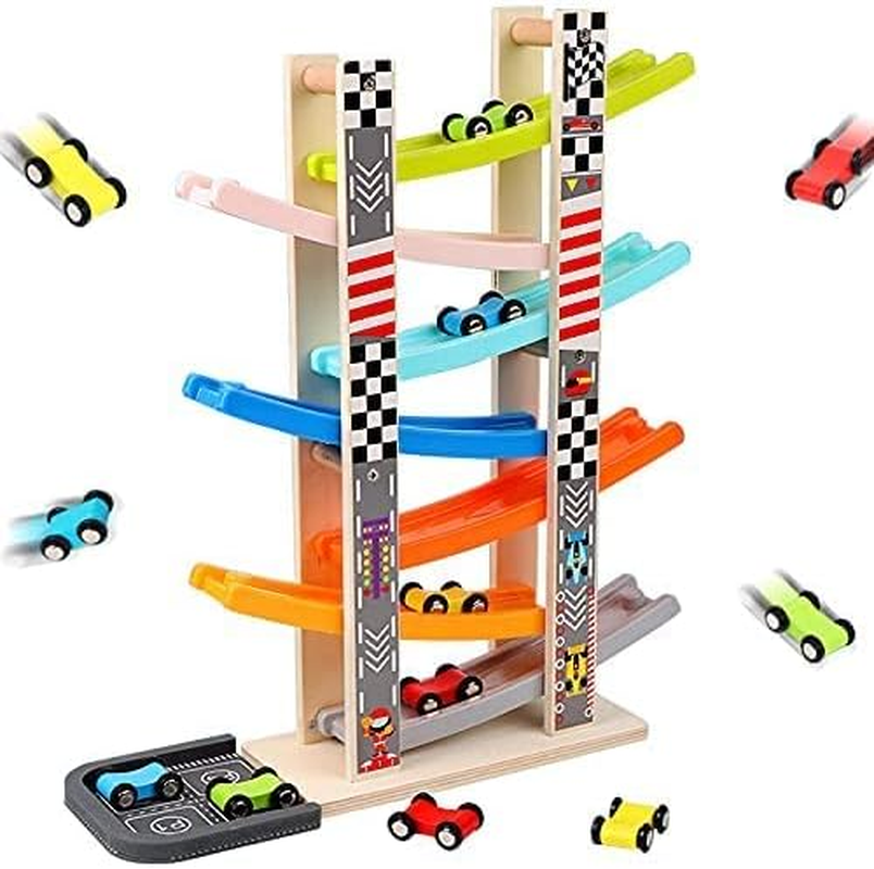 Car Ramp Racer Toy for Toddler - Baby Car Race Track Vehicle Playsets with 6 Wooden Race Cars, 1 Parking Garage, 3 Extra Bridges and 6 Car Ramps for Boys & Girls