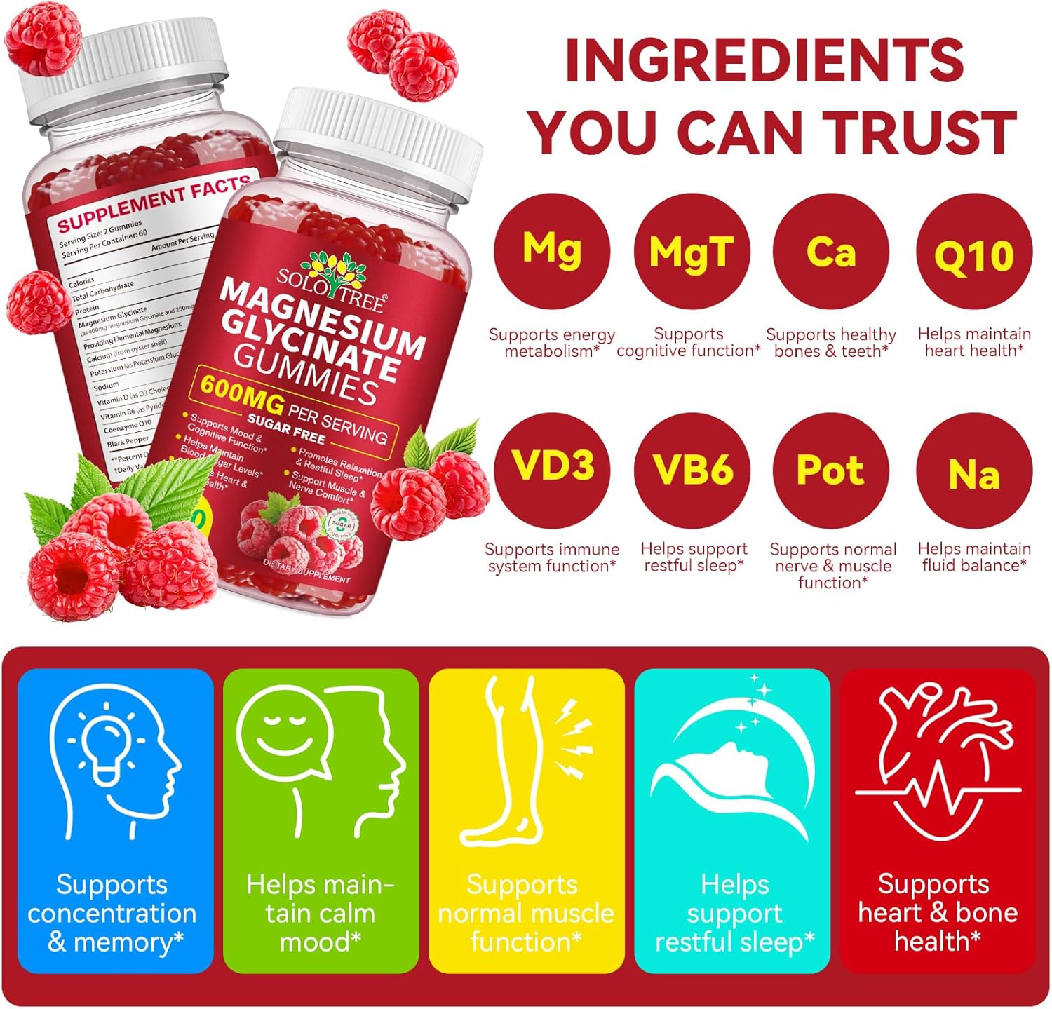 Magnesium Glycinate Gummies 600Mg | Calcium, Potassium, Vitamin D3 & B6 | Coq10 & Black Pepper | Sugar Free | Raspberry Flavour | 120 Gummies image number 6
