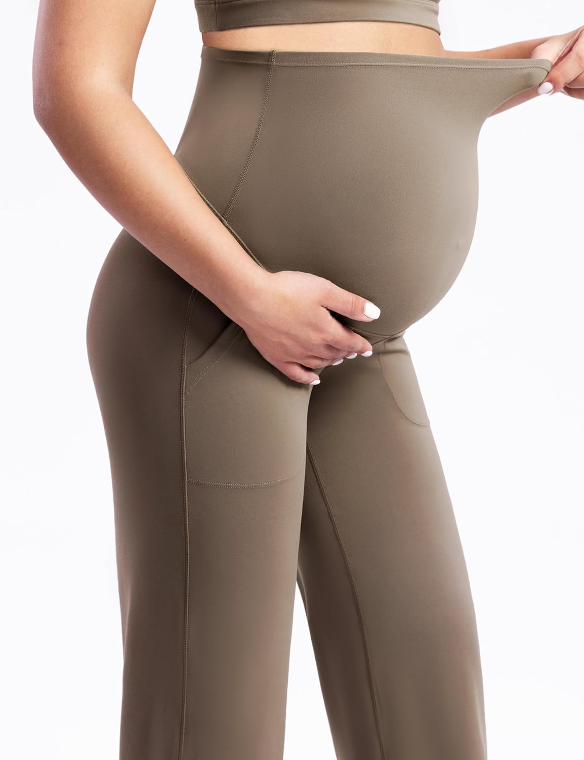 POSHDIVAH Women'S Creamluxe Maternity Yoga Wide Leg Pants Petite/Regular/Tall Pregnancy Work Dress Sweatpants with Pockets image number 4