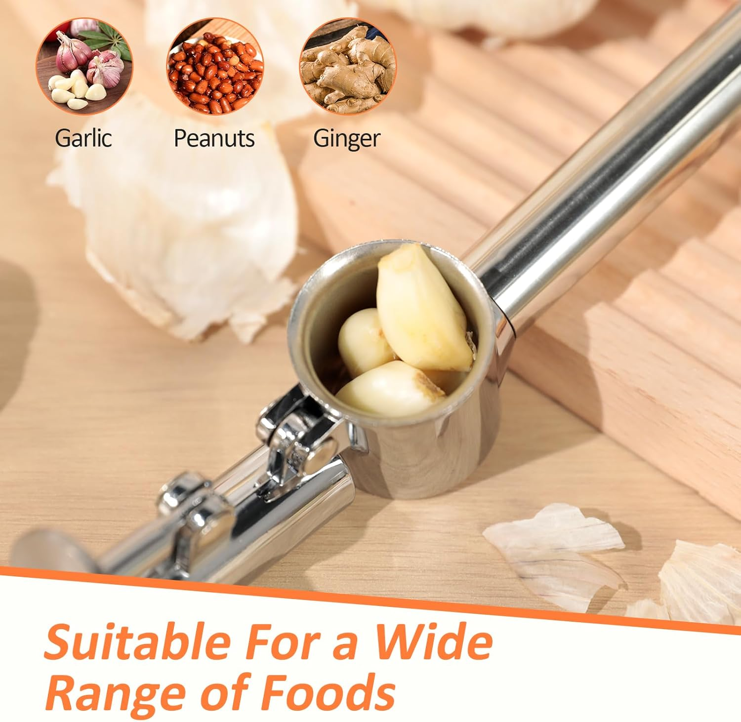 VINATO Stainless Steel Garlic Press with Peeler and Cleaning Brush, Kitchen Aid for Garlic Pressing and Peeling, Dishwasher Safe image number 4