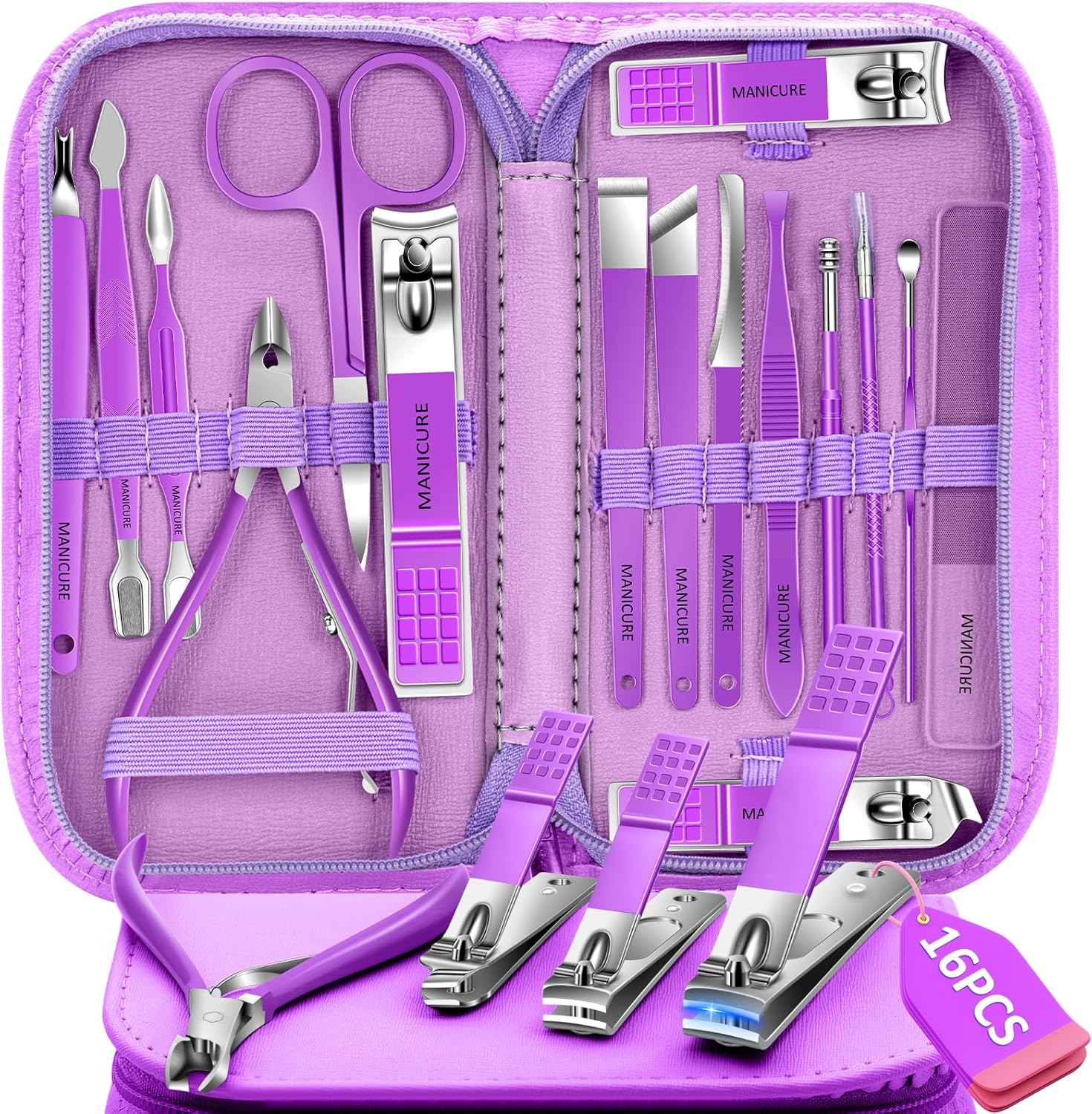 Manicure Set Pedicure Set, 16 Pieces Stainless Steel Nail Clippers Set, Professional Nail Care Nail Set with Portable Travel Leather Case for Men Women Black