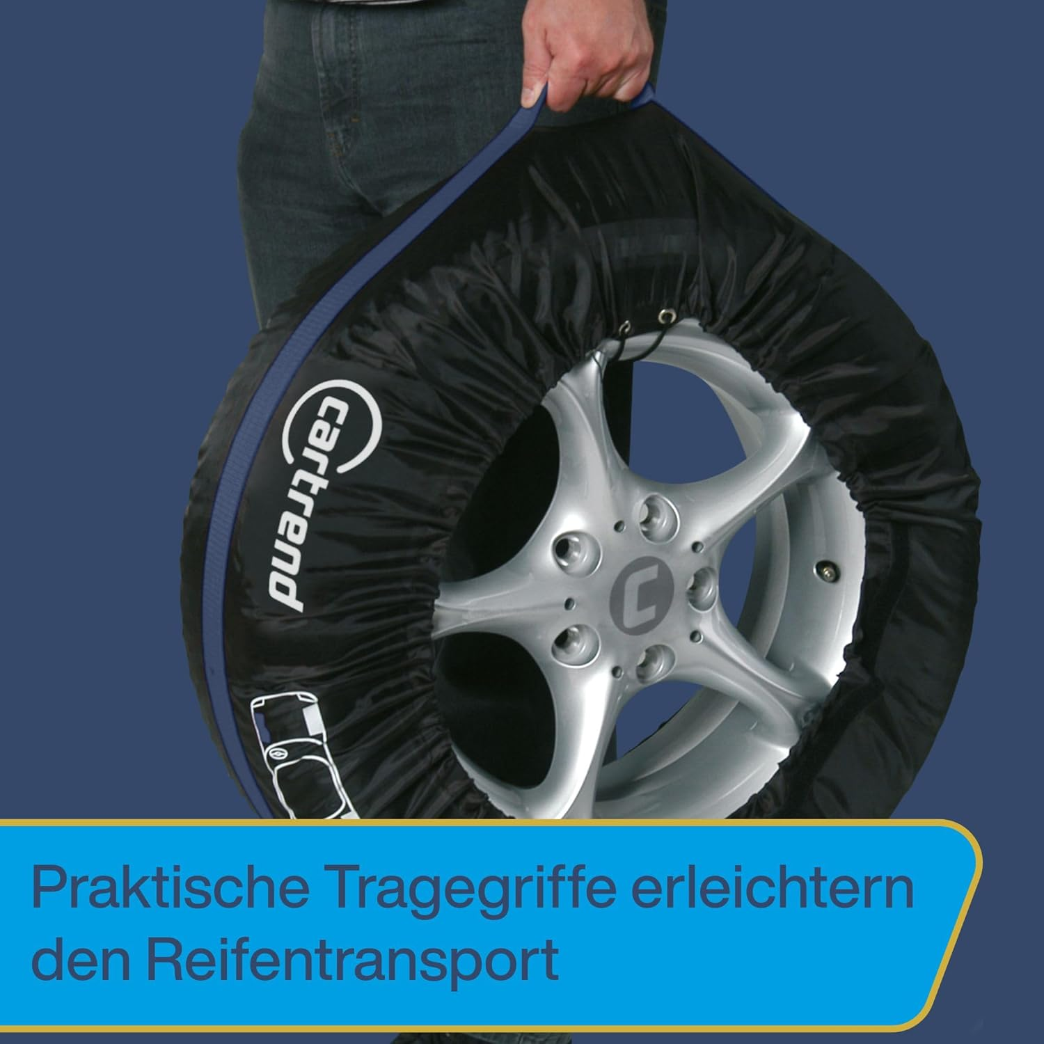 Cartrend Tyre Bag Set, Tyre Protector Cover, 4 Pieces, Water Resistant, Washable, Black/Blue, for Clean Transport and Safe Storage