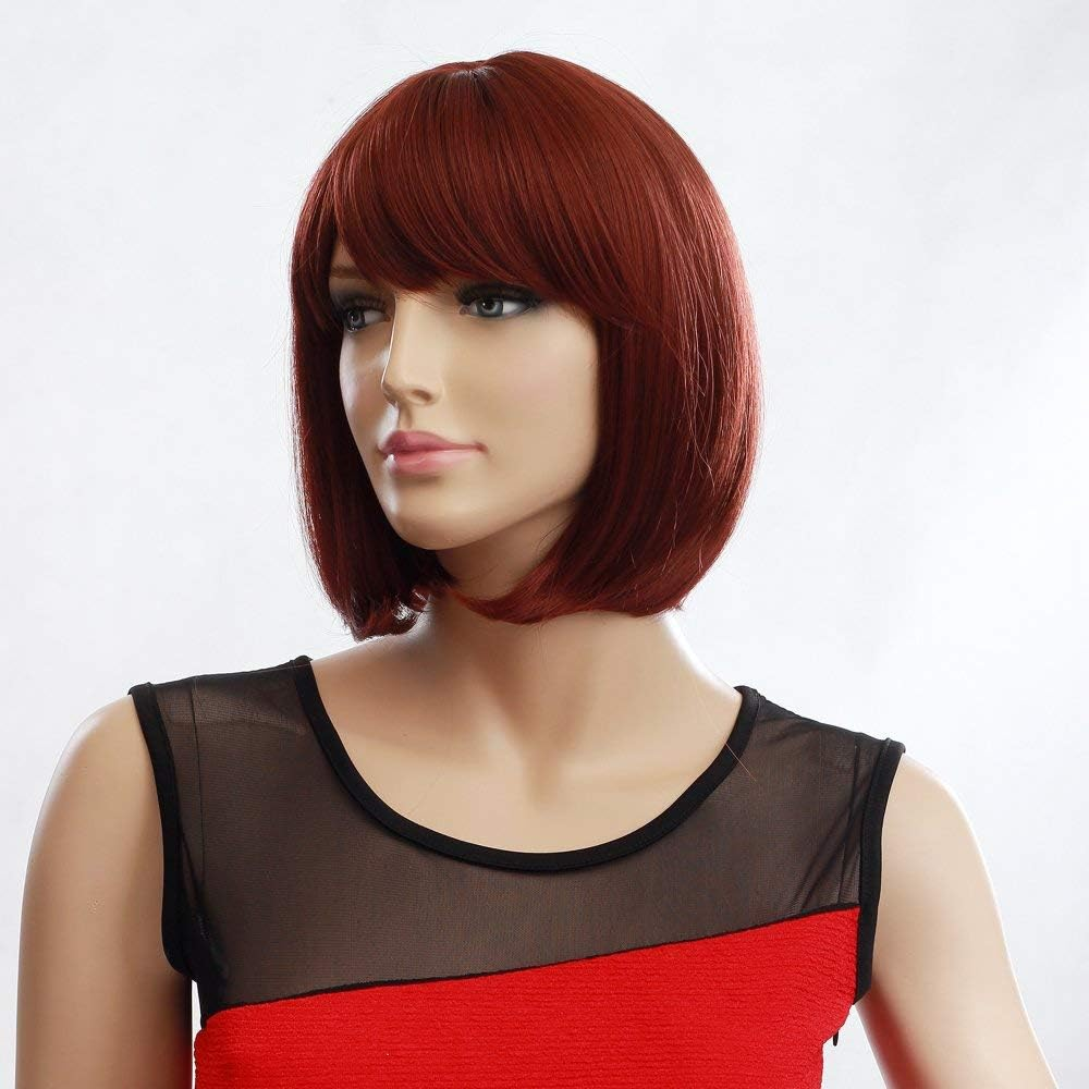 Womens Short 30Cm Straight Synthetic BOB Wigs W Side Bangs Cosplay Costume Party, Red
