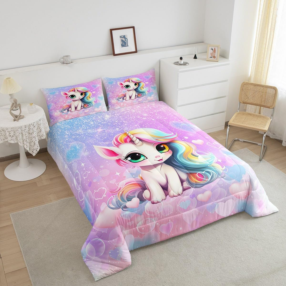 Manfei Cute Unicorn Comforter Set King Size, Pink Blue Glitter Princess Bedding Set 3Pcs, Girls Woman Bedroom Decor, Cartoon Kawaii down Comforter for Kids, Girly Dreamy Duvet Insert, 2 Pillowcases