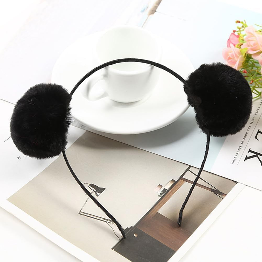 OHEETU 3 Pcs Panda Ears Headband Fluffy Pom Pom Hair Hoop Costume Party Head Wear Accessories for Halloween Christmas Birthday (Black+White+Pink) image number 1