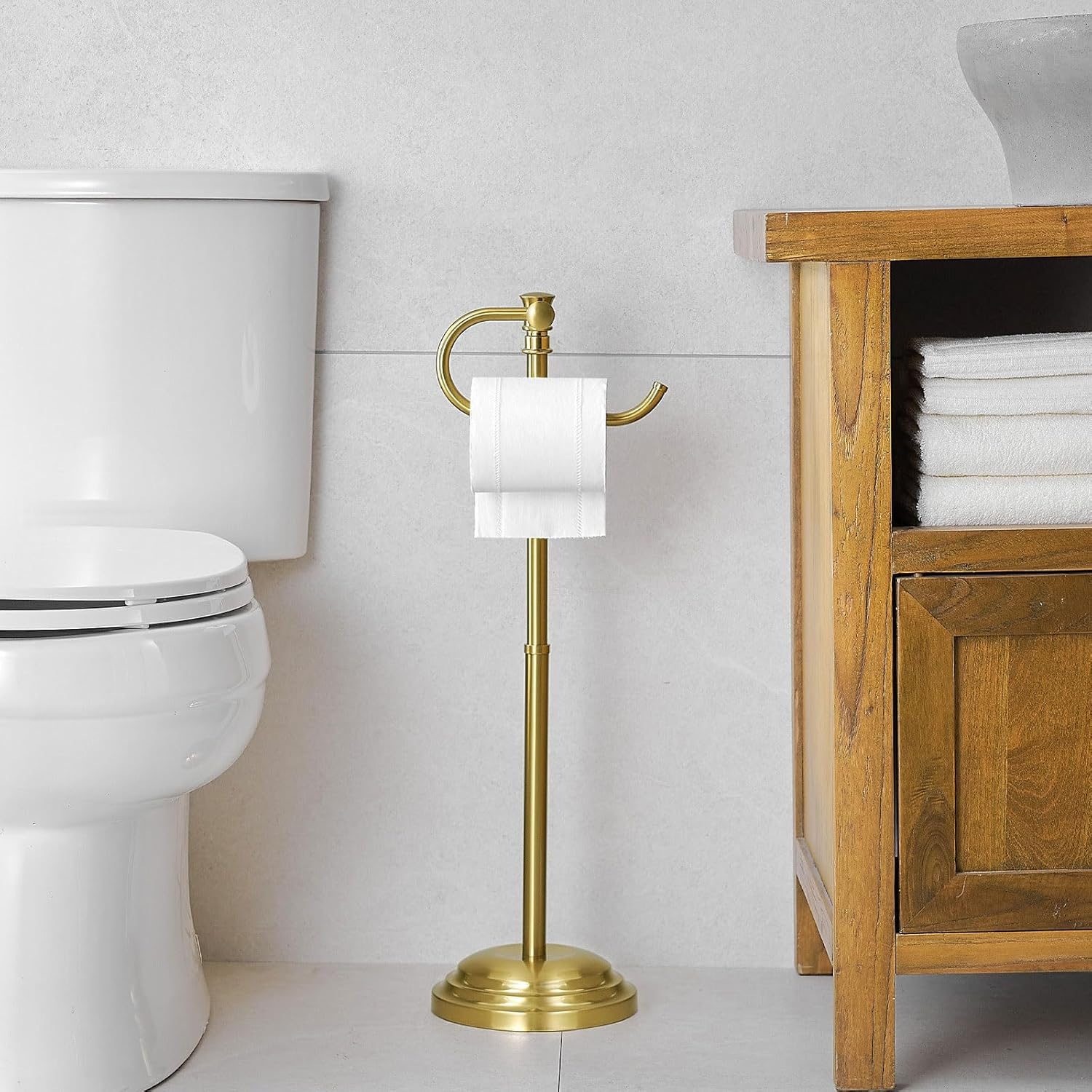 RUMOSE Toilet Paper Holder Stand for Floor, Brushed Gold Adjustable (12.4" to 22.8") Bathroom Toilet Tissue Holder, Free Standing Toilet Paper Roll Holder with Storage, Stainless Steel