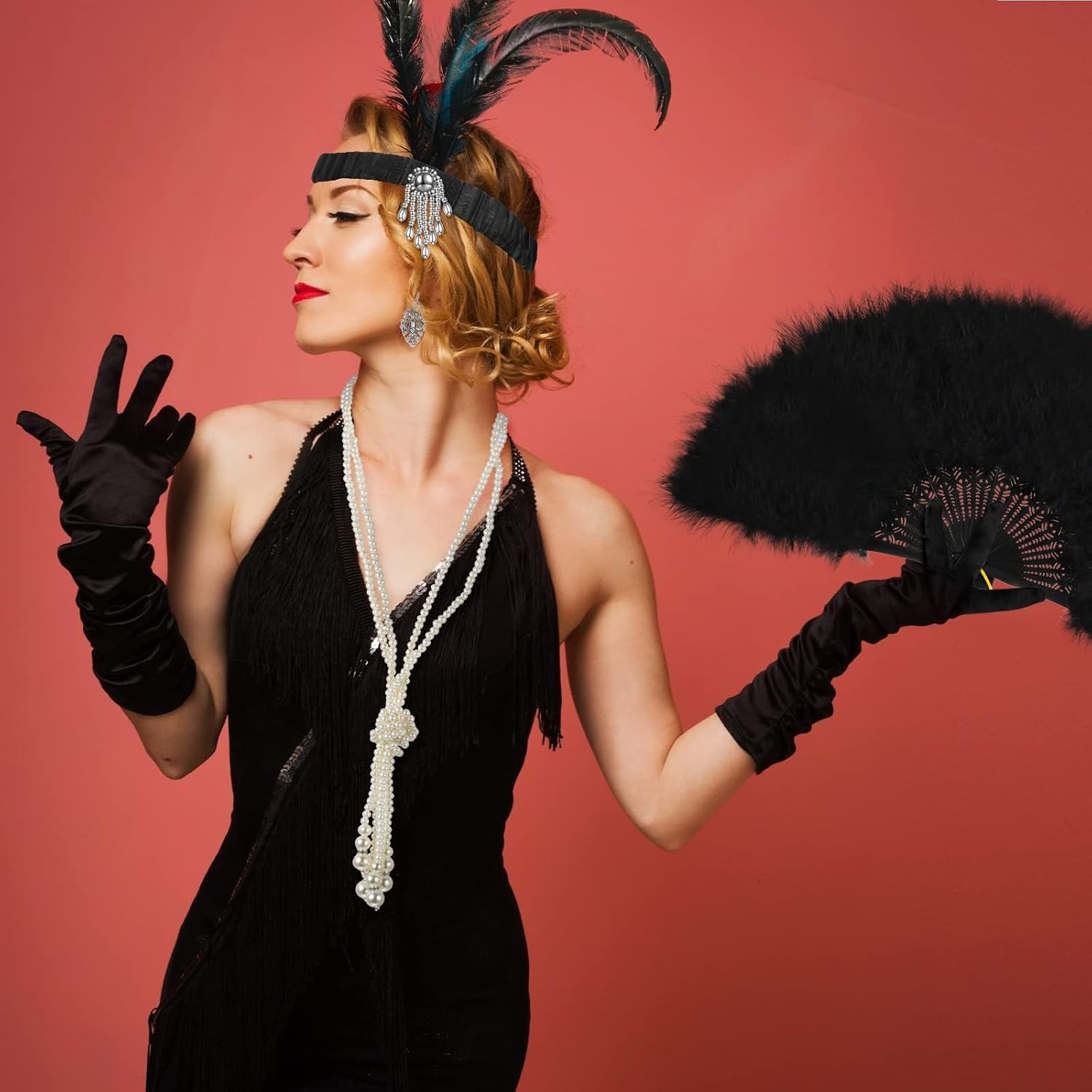WOTOW 20S Accessories for Women - Roaring 20S Costumes Great Gatsby Accessories with Feather Headband Pearl Necklace Elegant Gloves Vintage Earrings Black Feather Fan for Party, 6PCS image number 5