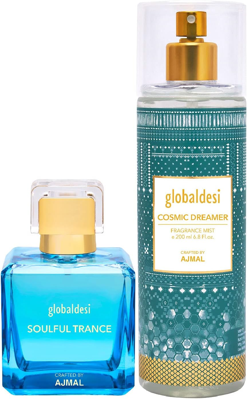 Global Desi Soulful Trance Eau De Parfum 100ML & Cosmic Dreamer Body Mist 200ML Pack of 2 for Women Crafted by Ajmal + 2 Parfum Testers