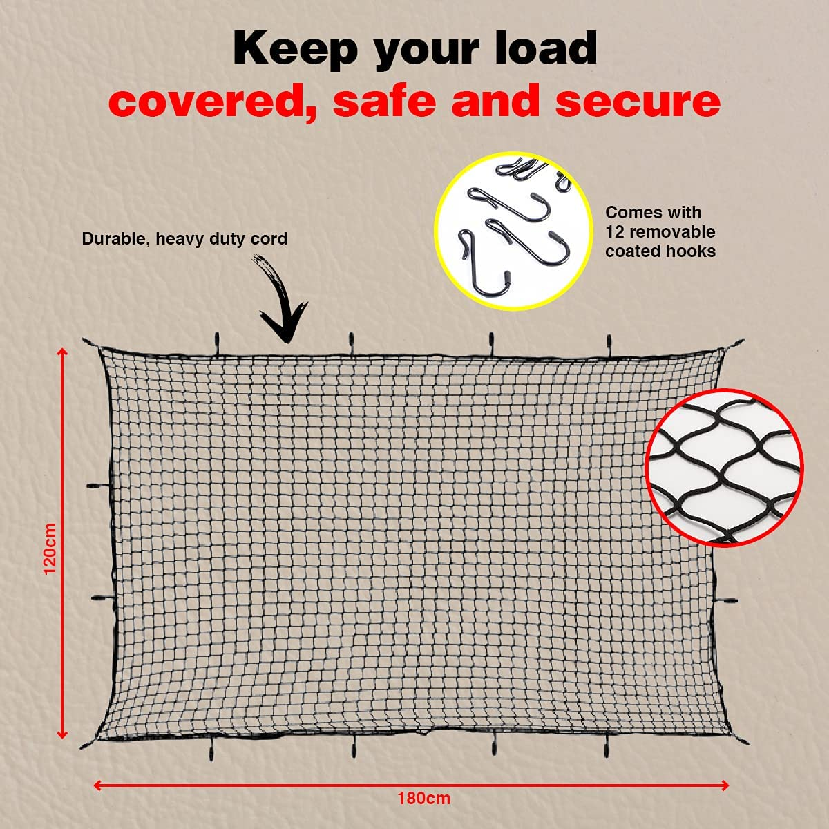 Handy Automotive Cargo Net with 12 Hooks, Black, 1.8 Metre Length X 1.2 Metre Width image number 4