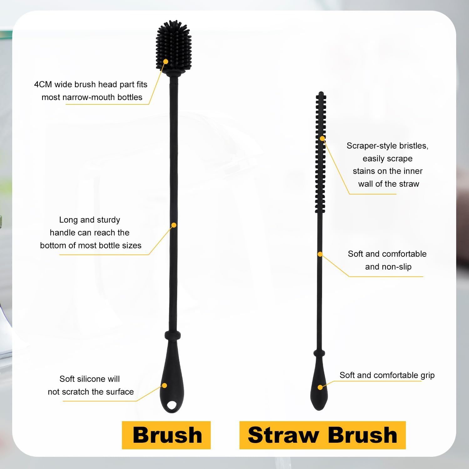 Silicone Bottle Brush with Straw Cleaning Brush, Extra Long Water Bottles Washer Brush Reusable Straw Cleaner Bpa-Free Cup Cleaning Brush for Stanley Baby Bottle Glass Mug image number 1