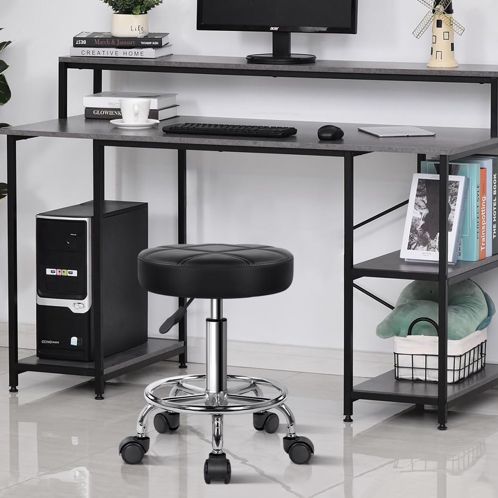 KKTONER round Rolling Stool Chair PU Leather Height Adjustable Swivel Drafting Work SPA Shop Medical Salon Stools with Wheels Office Chair Small (Black) - Black image number 4