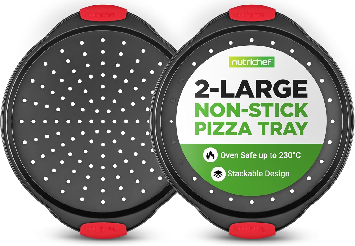 Nutrichef 13-Inch Nonstick Pizza Tray - round Carbon Steel Non-Stick Pizza Baking Pan with Perforated Holes, Premium Bakeware Pizza Screen with Silicone Grip Handles, Dishwasher Safe - Blue
