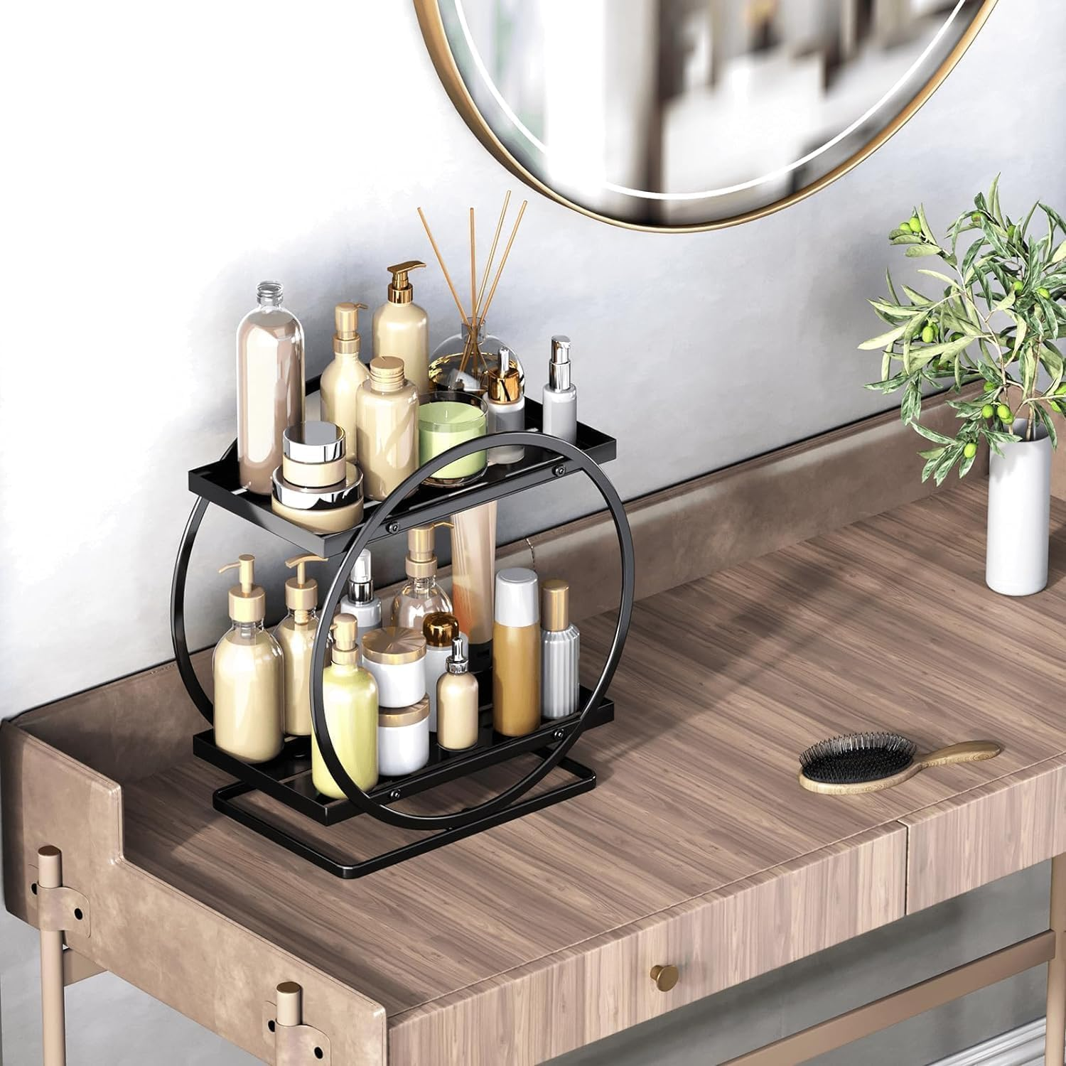 METOY Makeup Organizer and Storage, Black Perfume Organizer for Bathroom Organizer Vanity Skincare Organizers, 2 Tier Cosmetic Display Tray for Bathroom Counter Organizer, Make up Storage (Black) - Black image number 5