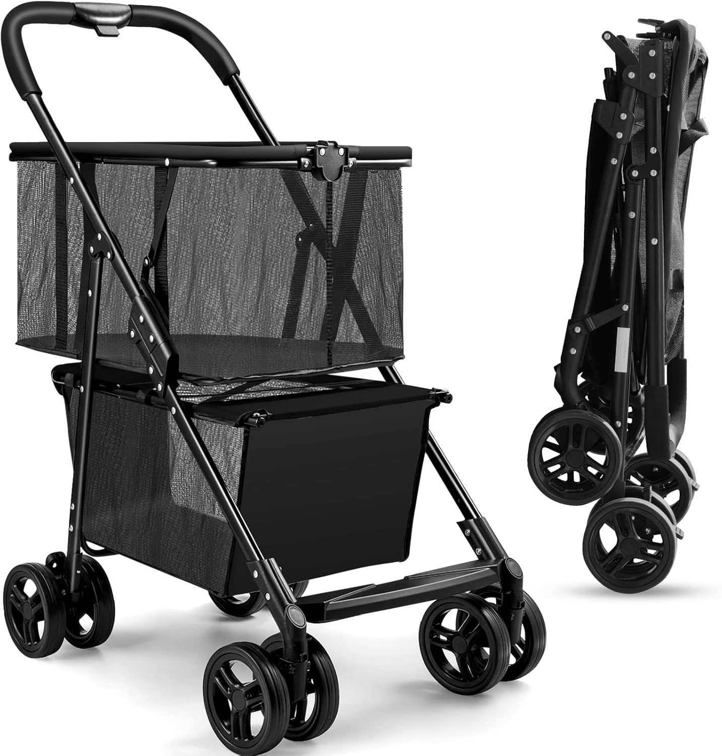 Foldable Shopping Cart 120 Liters Double Layer Portable Shopping Trolley Carts Grocery Cart Utility Cart with Removable Storage Bag Larger Capacity for Office Shopping Picnic Groceries Laundry image number 1