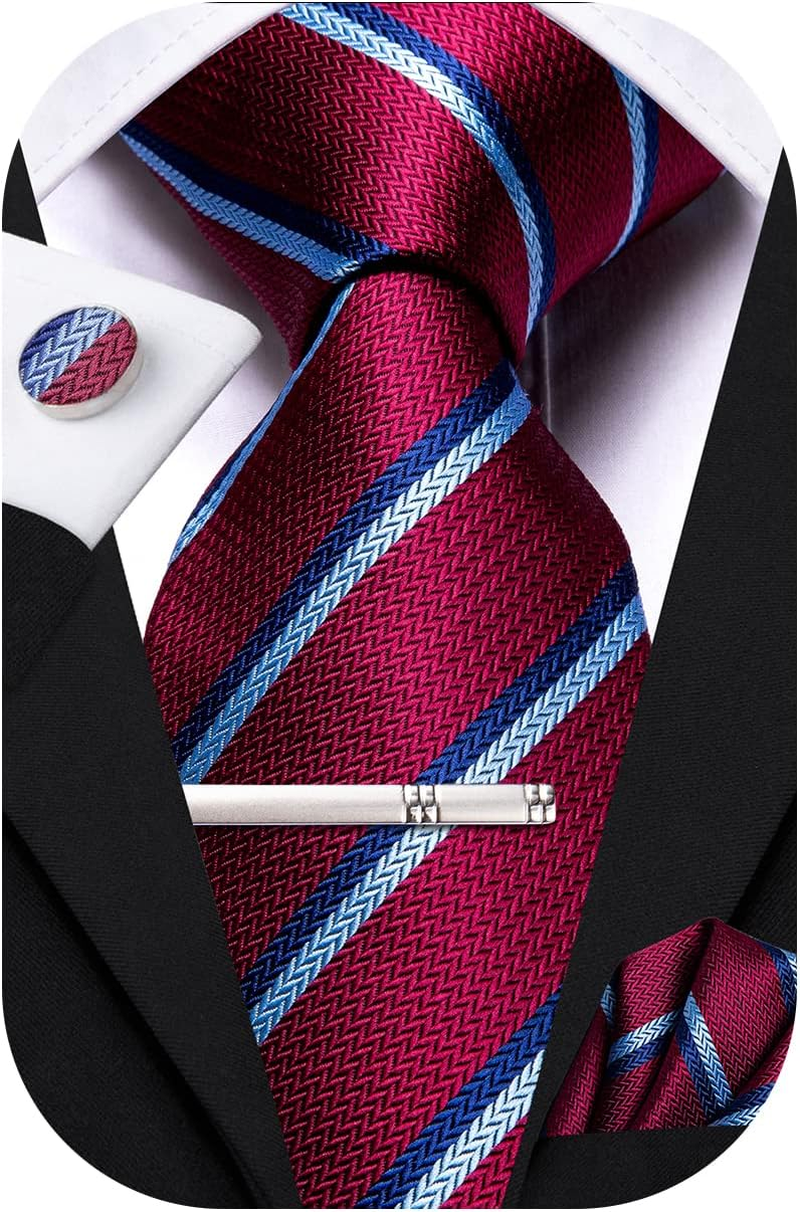 Hi-Tie Silk Ties for Men Solid Paisley Striped Necktie Pocket Square Cufflinks Clip Pin Tie Set