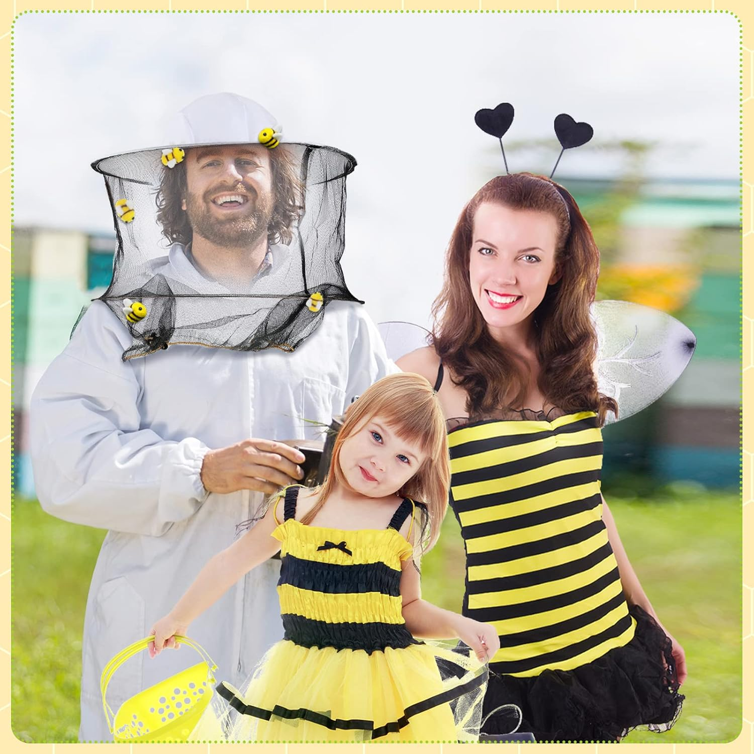 Unittype 22 Pcs Beekeeper Set Including 2 Bee Hat and Veil, 10 Wool Felt Bee, 10 round Double Sided Tape Beekeeping Helmet Bug Insect Hats with Netting for Beekeeper Catcher Halloween Costume image number 1