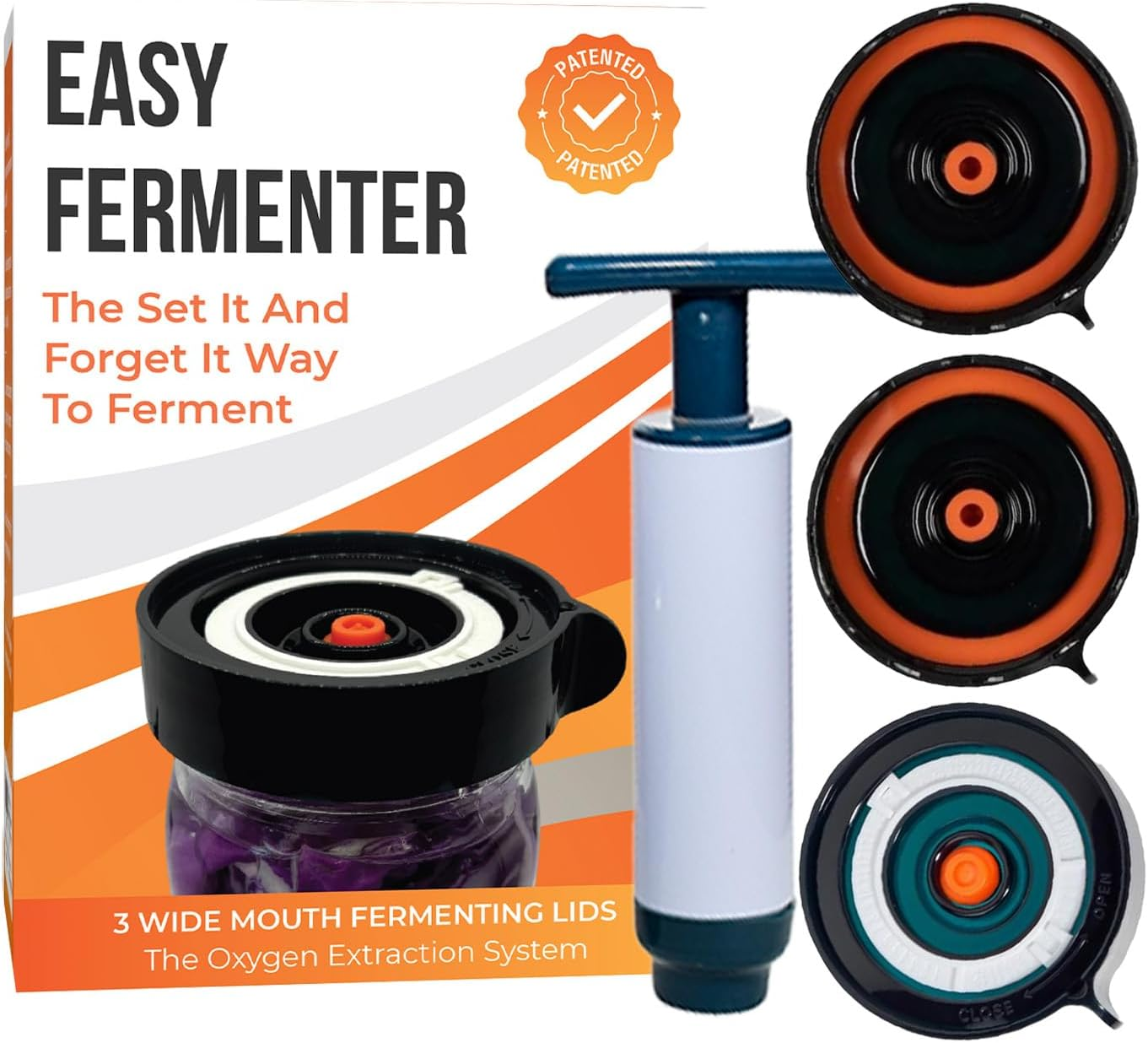 Easy Fermenter Fermentation Kit, Includes 3 Fermenting Lids for Wide Mouth Mason Jars & Oxygen Extractor Pump, Mason Jar Airlock Lid for Fermenting Kimchi, Pickle, & Sauerkraut image number 3