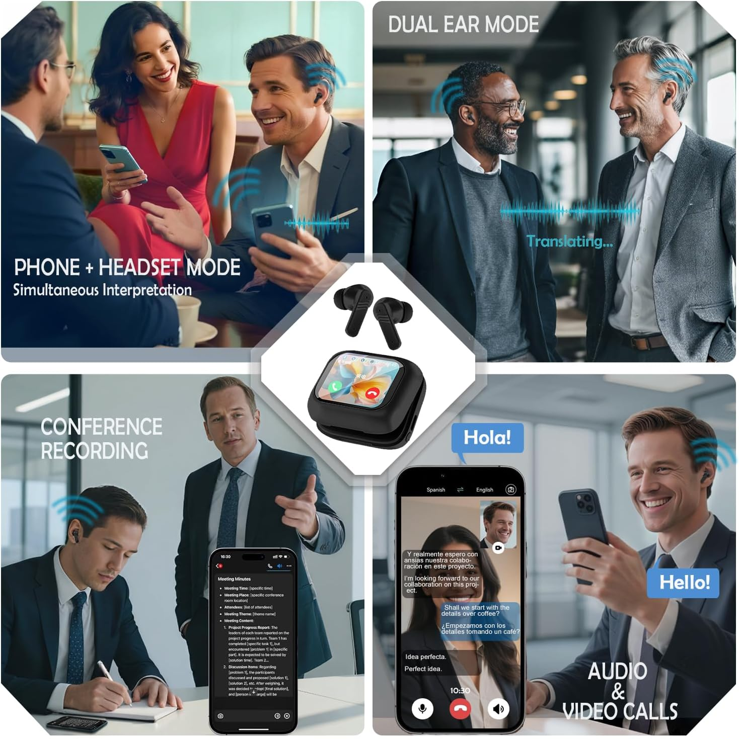 AI Translation Earbuds Real Time, 5 in 1 Translator Earbuds with LCD Touch Screen, 144 Language Bluetooth 5.4 Translator Headphones for Ios Android,Translator Device for Travel Business Learning,Black image number 2