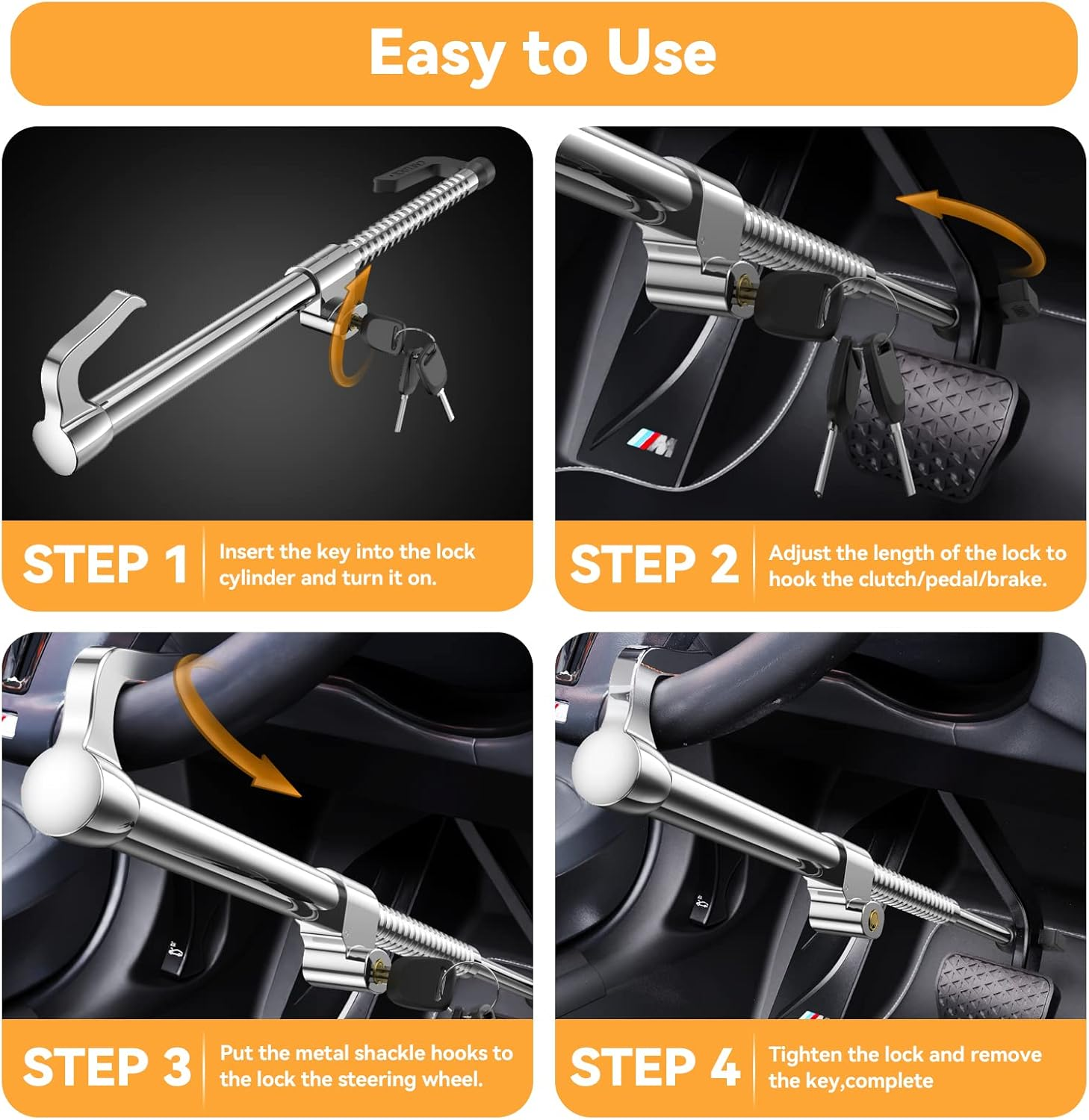 YOLOCKEY Universal Steering Wheel Lock Brake Lock Vehicle Anti-Theft Device Adjustable Length Clamp Double Hook Car Security Clutch Pedal Lock with 3 Keys for Car Truck SUV Van image number 6
